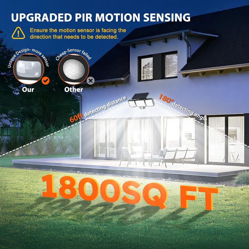 WdtPro Solar Lights Outdoor Flood Light, 3500LM Bright Motion Sensor Outdoor Lights, 3 Heads & Upgrade Glass Panel, LED Solar Powered Security Light Spotlights Waterproof for Outside Yard-2Pack - Image 4
